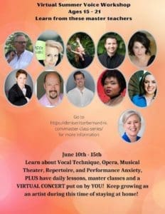 Virtual Summer Voice Workshop. Ages 15-21. Learn from these master teachers. June 10th - 15th. Master Teacher Shannon Coates