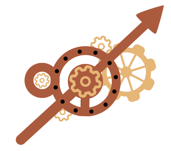 Several randomly-placed, brass-coloured cogs lay on a dark grey, patterned surface. 