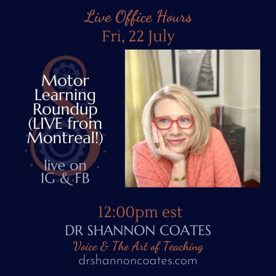 A picture of Shannon Coates looking at you. Office Hours for 22 July. Titled, "Motor Learning Roundup"
