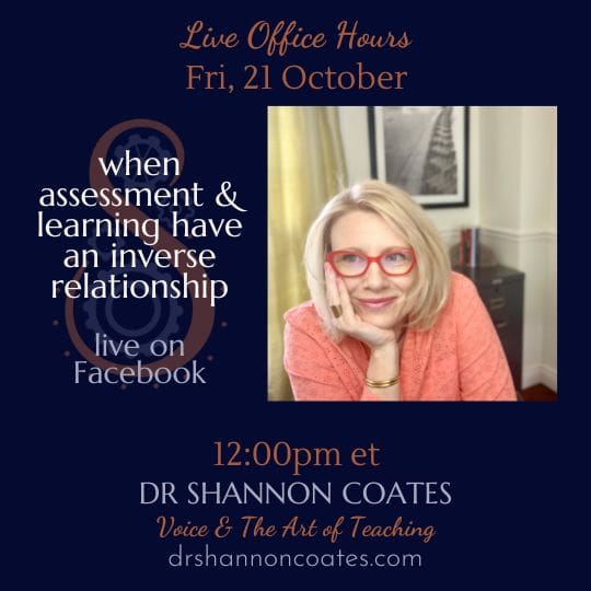 A picture of Shannon Coates looking at you. Office Hours for 21 Oct. Titled, Understanding Learning is Understanding Teaching