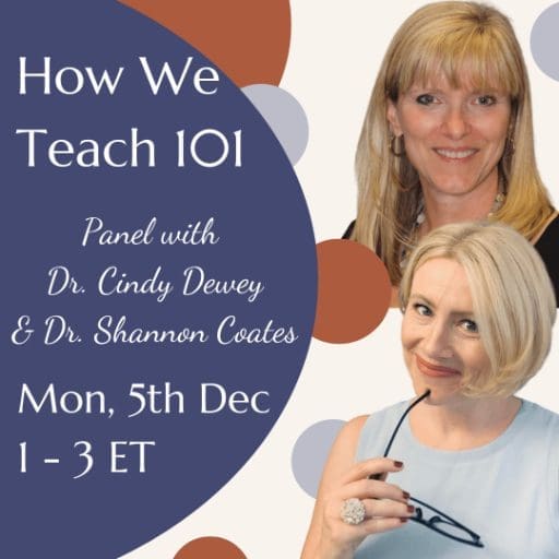 Dr. Shannon Coates is holding her glasses and smiling with Dr. Cindy Dewey to introduce her Learning in the Voice Studio class for 29 July, from 10am to 12pm Eastern time.