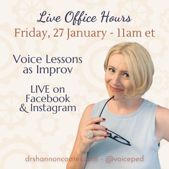 A picture of Shannon introducing this Live Office Hours event for 13 Jan, 2023. The title reads: Meaningful Consent in Singing Spaces, live on Facebook and Instagram.