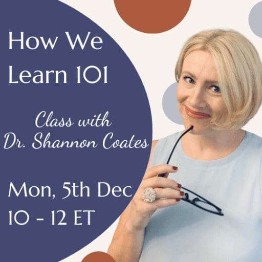 Dr. Shannon Coates is holding her glasses and smiling to introduce her Learning in the Voice Studio class for 28 July, from 10am to 12pm Eastern time.